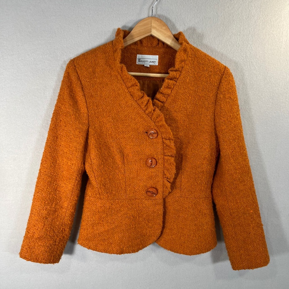 Elliott Lauren Blazer Orange Ruffle Trim Boucle Wool Blend Vintage Preppy 4